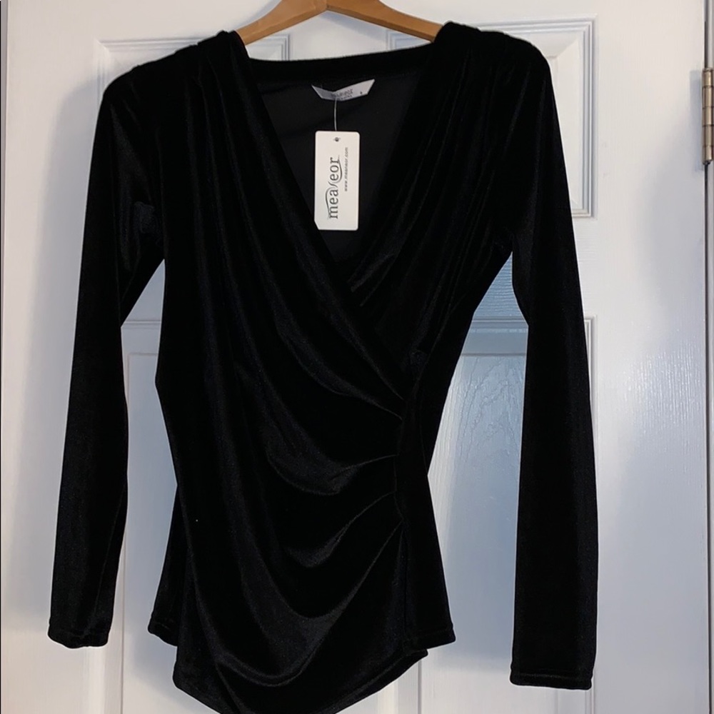 Velvet Long Sleeve Wrap Top Deep V Neck